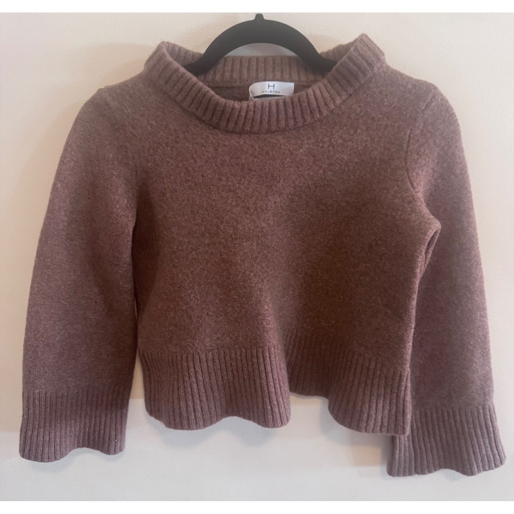 Halston 100% Merino Wool Cropped Sweater Taupe Brown Tonal Quiet Luxury Chic L